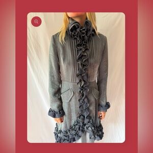 Elegant Samuel Dong Ruffled Gray Trench Coat / Dress Coat / Matching Belt